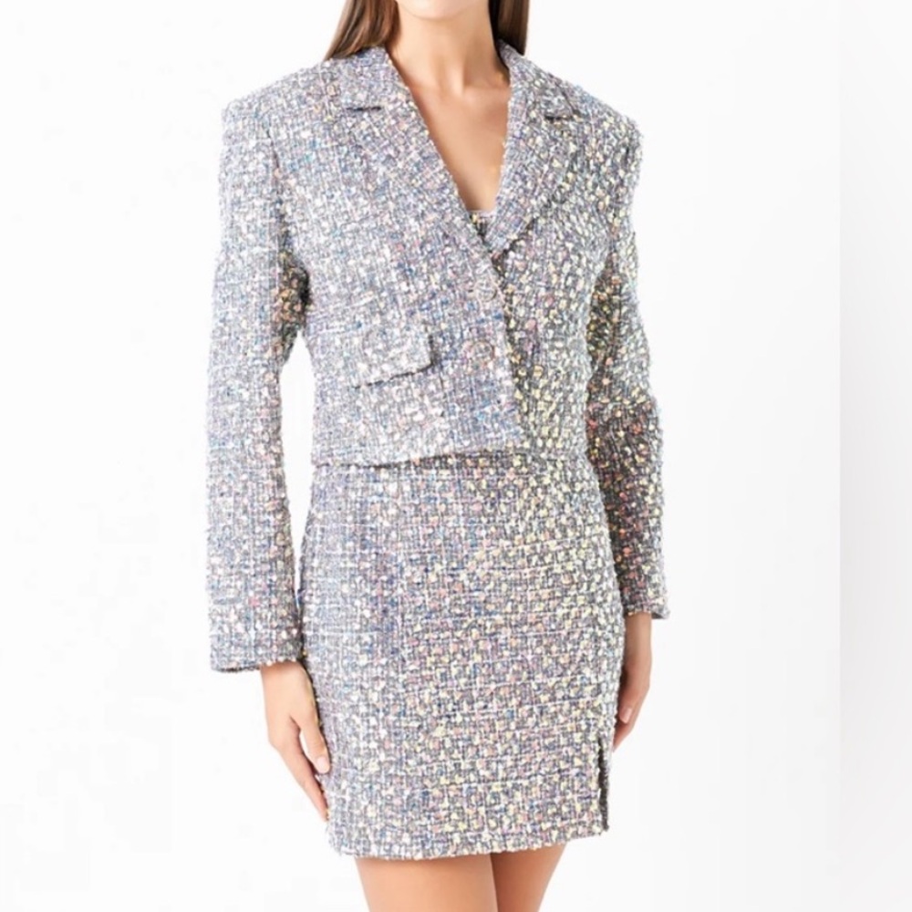 Endless Rose 2 PEICE SET Sequin Tweed Cropped Blazer Jacket & Mini Skirt Set NWT - Picture 2 of 16